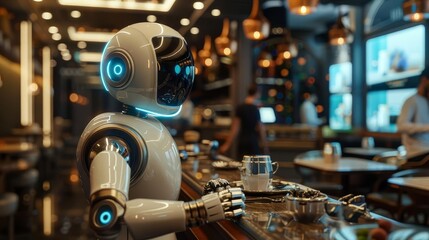 Fototapeta premium A robotic waiter serving in a bustling cyber cafe, Metallic colors, Cyberpunk, 3D rendering, Hightech and efficient