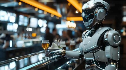Fototapeta premium A robotic waiter serving in a bustling cyber cafe, Metallic colors, Cyberpunk, 3D rendering, Hightech and efficient