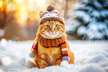 Cute red cat in a bright knitted hat and scarf on the snow in a snowy winter forest, close-up, soft focus. Christmas card