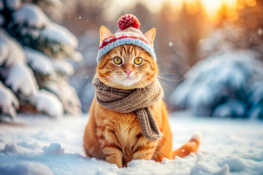 Cute red cat in a bright knitted hat and scarf on the snow in a snowy winter forest, close-up, soft focus. Christmas card