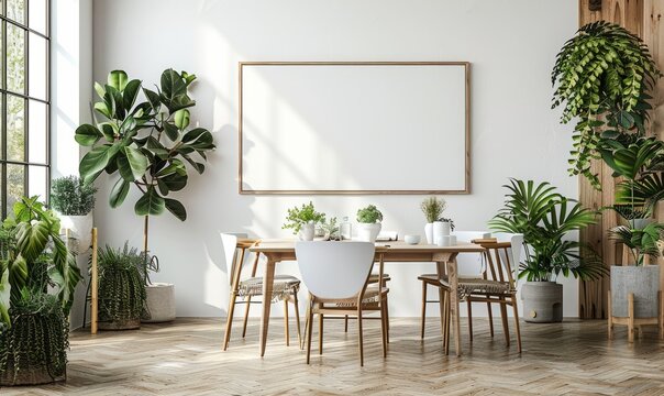 Bright dining room with a mockup canvas on the wall