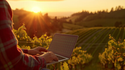 Person analyzing data on a laptop in a vineyard at sunset, focusing on sustainable farming practices with modern agriculture technology.