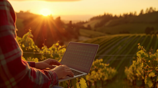 Person analyzing data on a laptop in a vineyard at sunset, focusing on sustainable farming practices with modern agriculture technology.