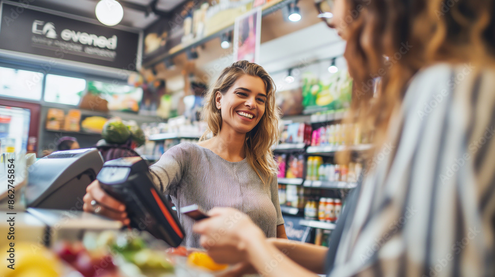Poster a modern retail environment with a smiling cashier and a customer completing a transaction using a c