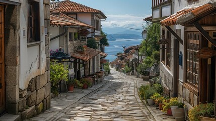Fototapeta premium A cobblestone street lined with small shops and cafes that curves downhill towards a coastal village in the background. Generative AI.