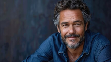 Obraz premium Portrait of a Handsome Middle-Aged Man with a Grey Beard Wearing a Blue Denim Shirt and Looking at the Camera with a Soft Smile