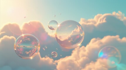Soap Bubbles Floating in the Sky with Puffy Clouds Illuminated by the Sun &ndash; Enchanting and Tranquil Photography