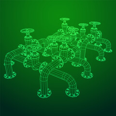 Oil pipeline with valve. Petrol production. Petroleum fuel industry transportation line. Wireframe low poly mesh vector illustration