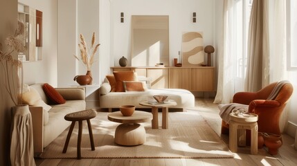 Stylish modern living room in warm tones with cozy furniture and natural light
