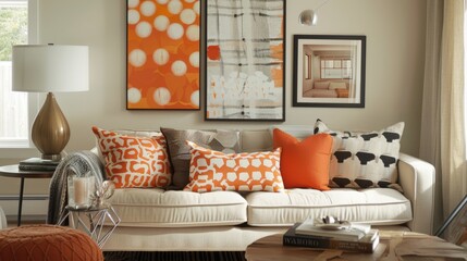 Elegant living room with modern art and orange accent pillows
