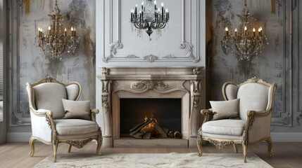 Two chairs and sofa near fireplace. French country interior design of modern living room. Generative AI