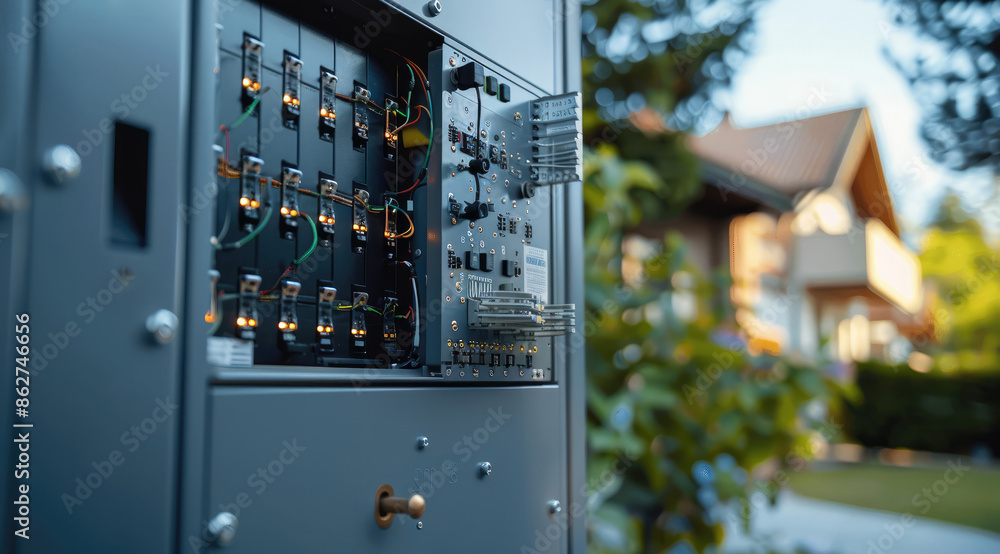 Fototapete A close up of a well maintained electricity distribution box that is open. Generative AI.