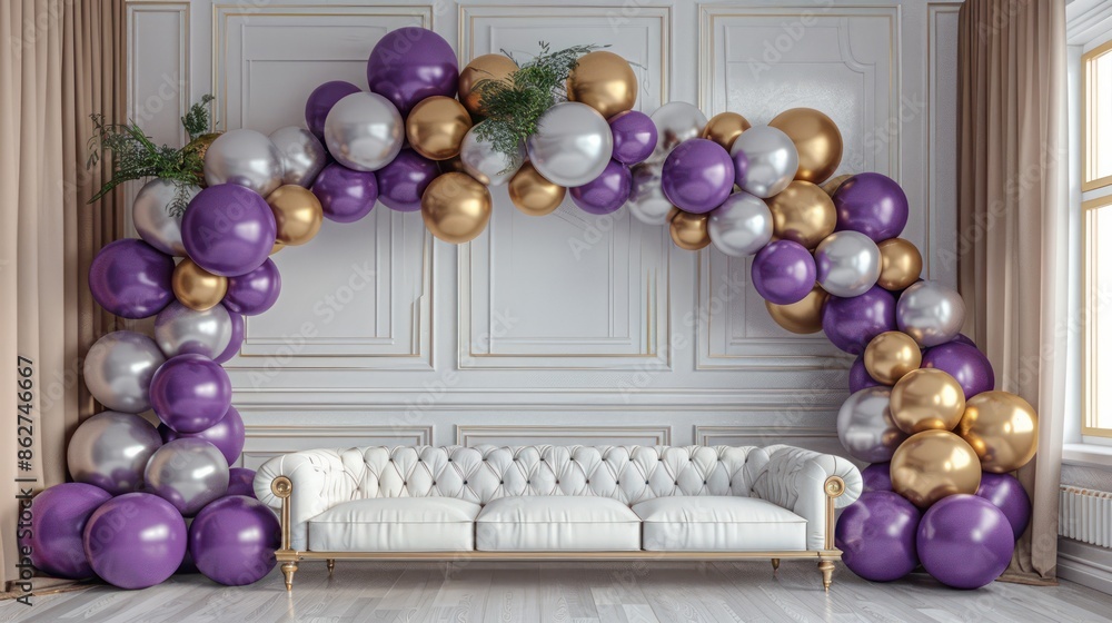Aufkleber a white couch is surrounded by purple and gold balloons, creating a festive and celebratory atmosphe