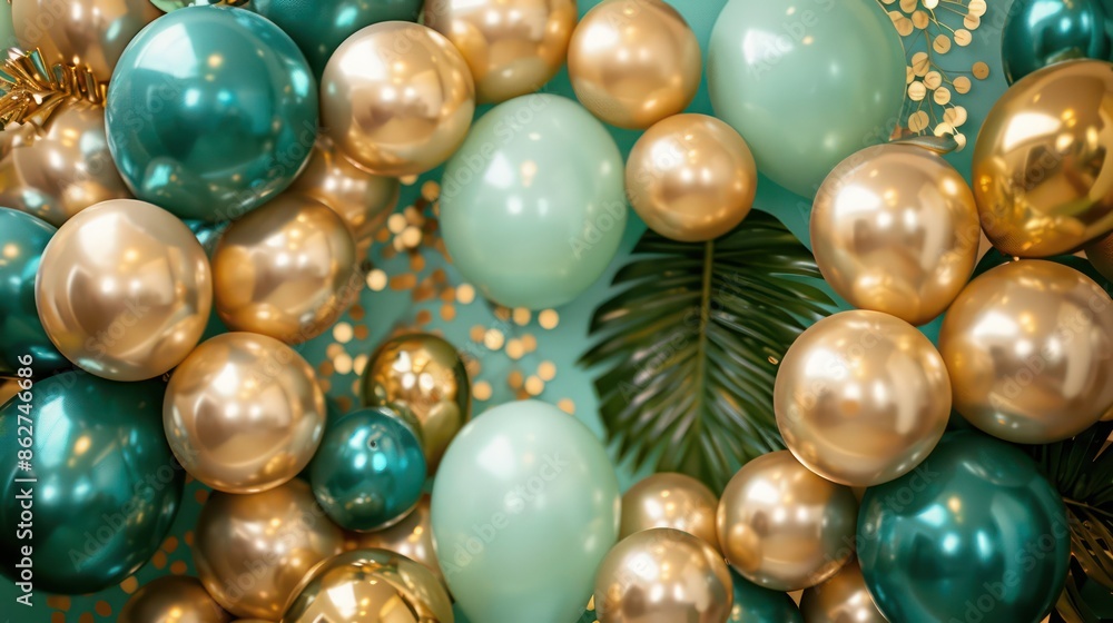 Poster a bunch of balloons in gold and green colors. the balloons are arranged in a wreath and are surround