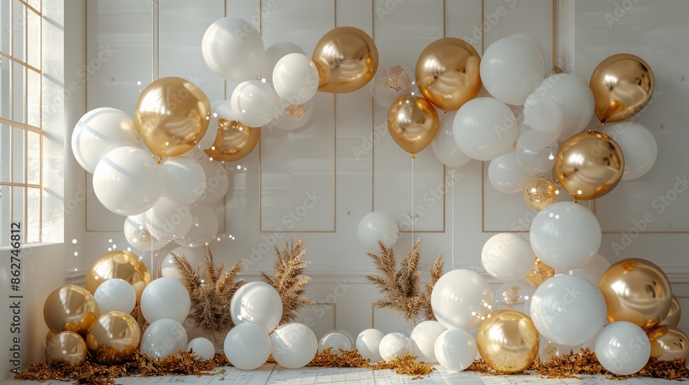 Wall mural a room with a gold and white balloon arch. the balloons are gold and white and are arranged in a way