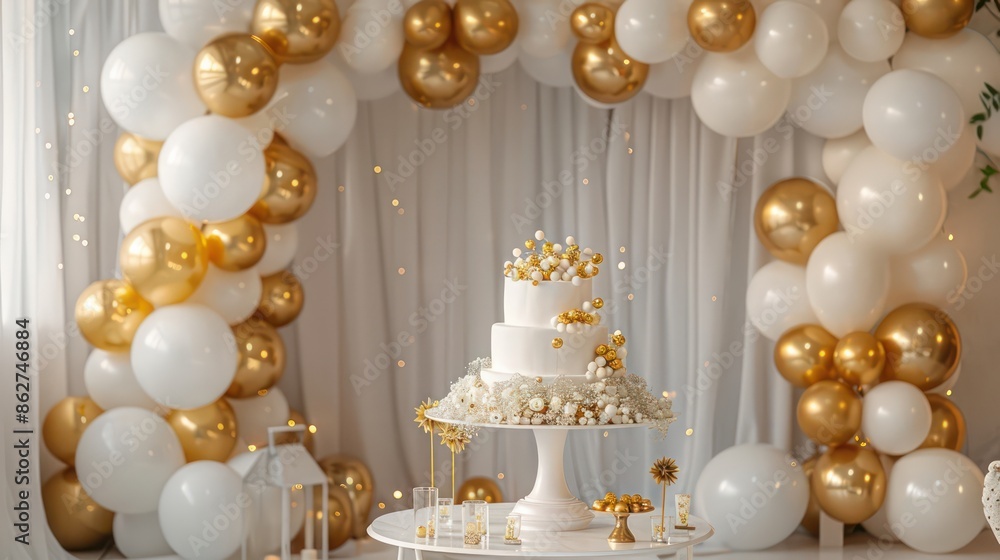 Wall mural A white and gold themed party with a large arch of balloons and a white and gold cake. The balloons are scattered throughout the room, creating a festive atmosphere