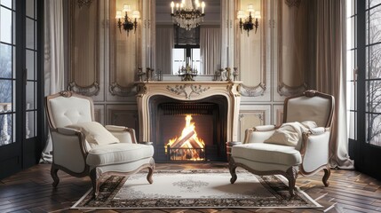 Two chairs and sofa near fireplace. French country interior design of modern living room. Generative AI