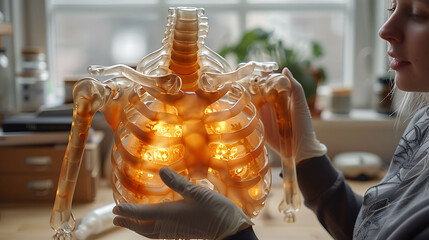 Closeup of doctor hand in gloves holding a glowing wooden sternum model highlighting the attachment points for the ribs and clavicles