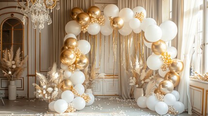 A room with a gold and white color theme