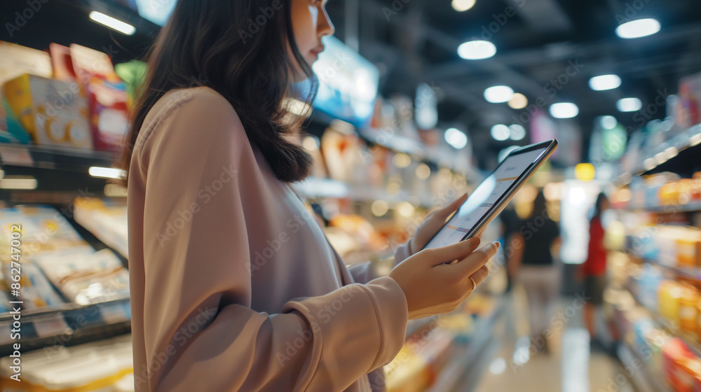 Poster a professional in a high-tech retail setting, examining a tablet with performance metrics displayed,