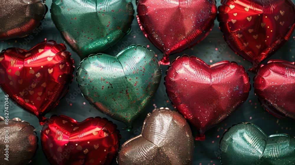 Poster a bunch of hearts made of shiny material. the hearts are in different colors and sizes. concept of l
