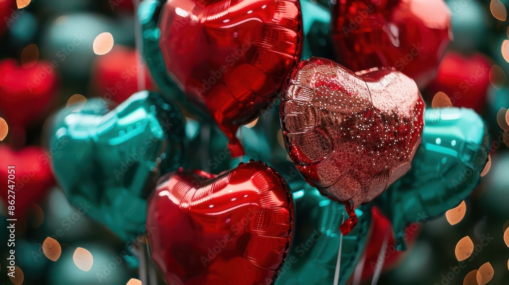Poster A bunch of red and green balloons with hearts on them. The balloons are arranged in a way that they look like a heart