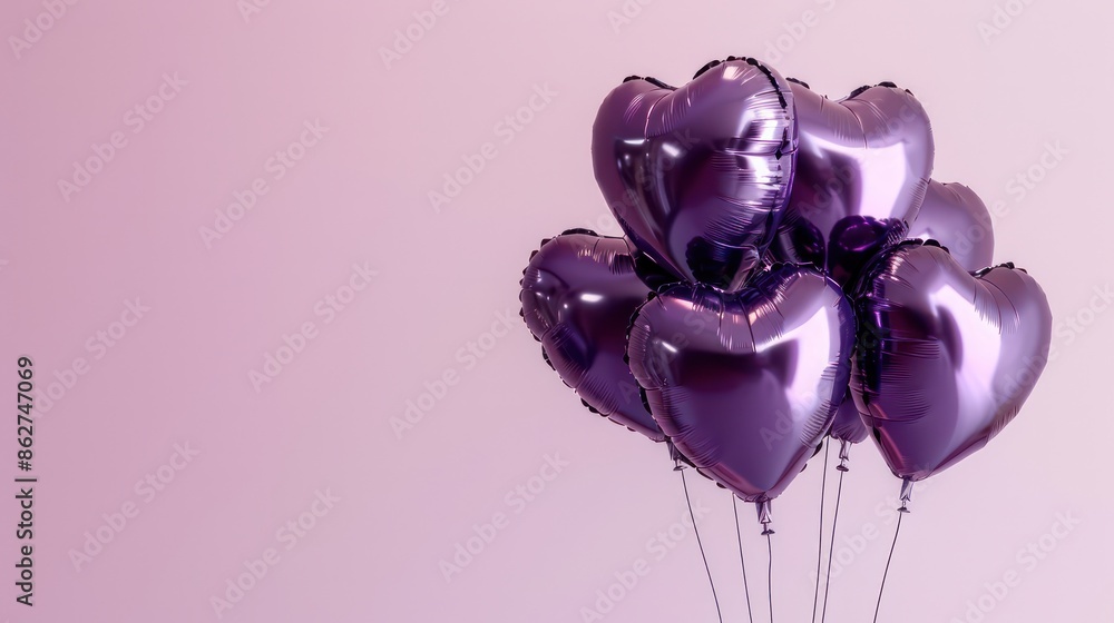 Poster a bunch of purple balloons with hearts on them. the balloons are floating in the air and are arrange