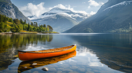 Orange canoe floating on a calm lake surrounded by mountains and lush greenery, under a clear blue sky.