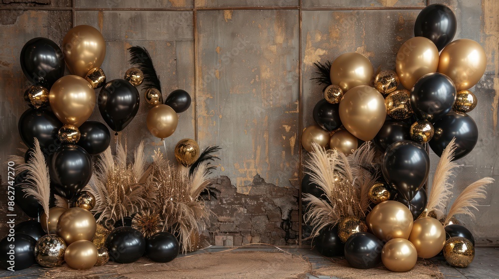 Wall mural A room with gold and black balloons and a lot of gold and black decorations. The room is decorated for a special occasion