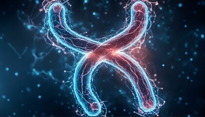 Fototapeta premium Chromosome X, microscopic view of DNA structure and genetic mutation, scientific research on human genome and pathology