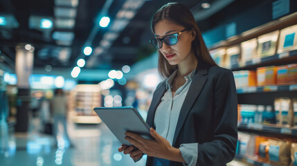 A professional woman in a modern store, reviewing performance metrics on a tablet, products displayed, close-up