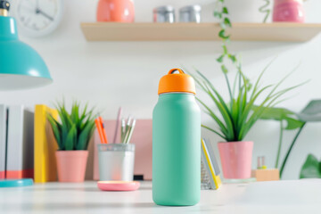 Colorful water bottle on a desk, stay hydrated
