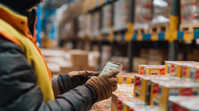 A busy distribution grocery warehouse, where a worker scans barcodes on boxes of canned goods with a handheld device, close-up