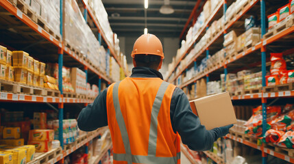 Fototapeta premium A diligent worker arranges boxes of cereals and snacks on shelves in a spacious distribution grocery warehouse, close-up