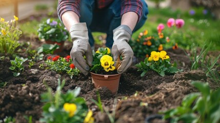Fototapeta premium Gardener Planting Flowers in a Garden Bed
