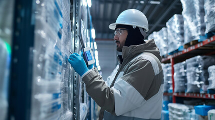A worker in a modern grocery warehouse checks the temperature of cold storage units to ensure food safety, close-up