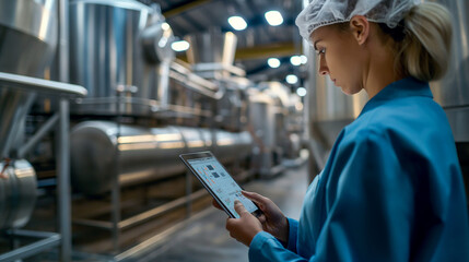 In a high-tech dairy processing plant, a woman uses a tablet to monitor milk pasteurization processes, close-up