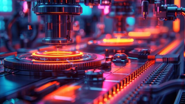 A shrinker shrinking objects in a hightech lab, Neon colors, Futuristic, 3D rendering, Innovative