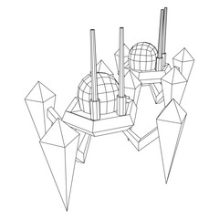 Fototapeta premium Spider robot with radar antenna. Nanobot, nanotechnology medical concept. Wireframe low poly mesh vector illustration