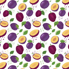 Abstract plum pattern in flat style. Fresh, delicious fruit seamless pattern. Vector background. Summer freshness for health. For background, juice, ice cream or packaging.