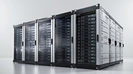 3 big servers placed on white background. Generative AI.