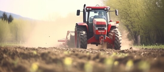 Fototapeta premium Red Tractor Working the Field