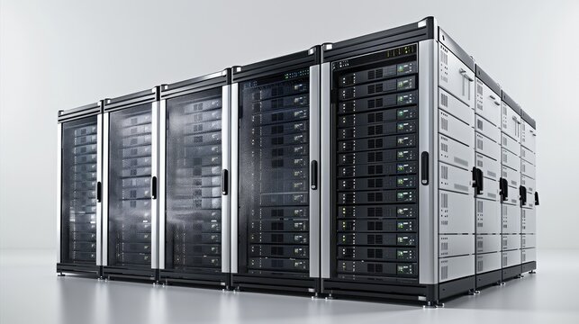 3 big servers placed on white background. Generative AI.