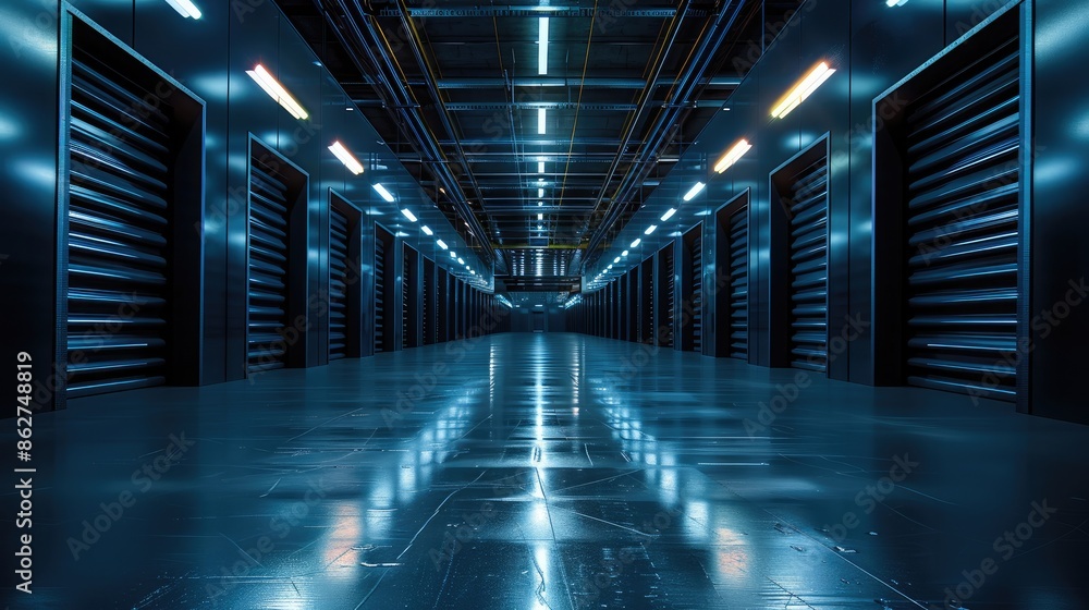Poster wide angle view of a dark storage room. generative ai.