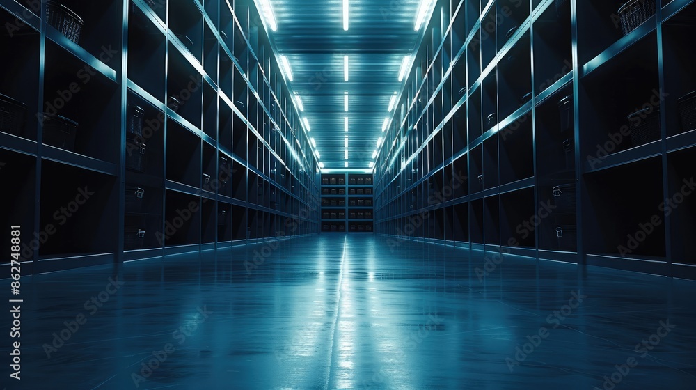 Poster wide angle view of a dark storage room. generative ai.