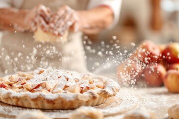 A family baking an apple pie together in a cozy kitchen, flour dust in the air, close-up of hands, warm indoor lighting, homey feel 