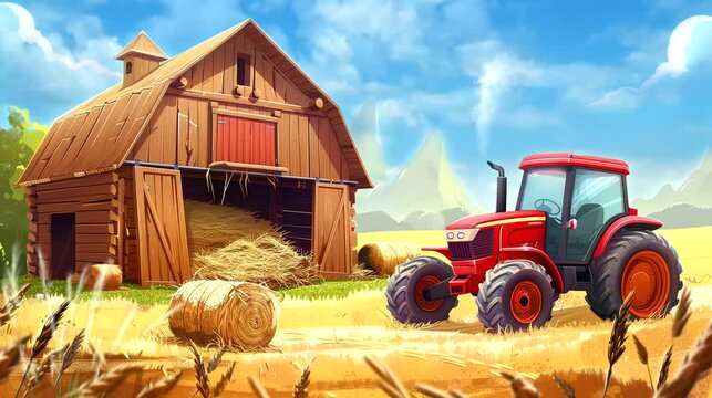 Barn and tractor in a farmland on blue sky background. Seamless loop video background