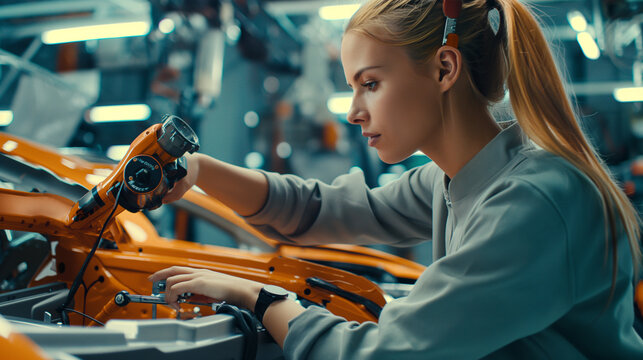 A woman in a state-of-the-art car factory checks the accuracy of robotic manipulators attaching car logos, close-up