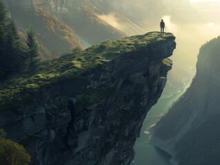 Hiker standing on a mountain cliff edge overlooking a misty valley, capturing the essence of...