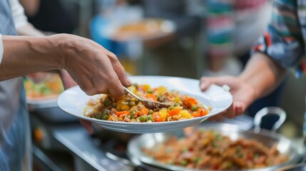 Volunteer hand serving meals to homeless people in shelter. Charity, donations. Generative AI